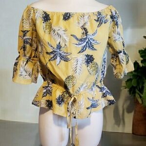 Anthropologie Lumiere Womens Top M Yellow  Pineapple Floral Elastic Drawstring